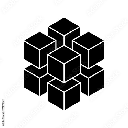 Black geometric cube of 8 smaller isometric cubes. Abstract design element. Science or construction concept. 3D vector object.