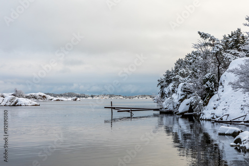 Reflections in the water. Beautiful winter day at Odderoya in Kristiansand, Norway. Trees covered in snow. photo