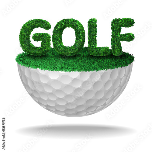 Golf text textured with grass on half golf ball with grass. Vector isolated illustration