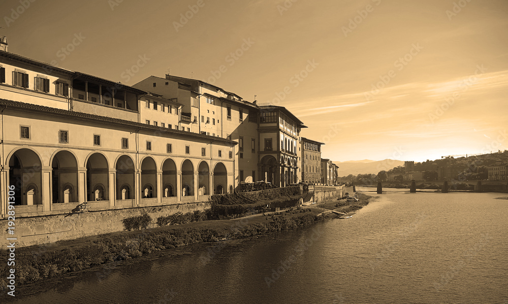 Vintage view of the Vasari Corridor from Ponte Vecchio, Florence, Italy