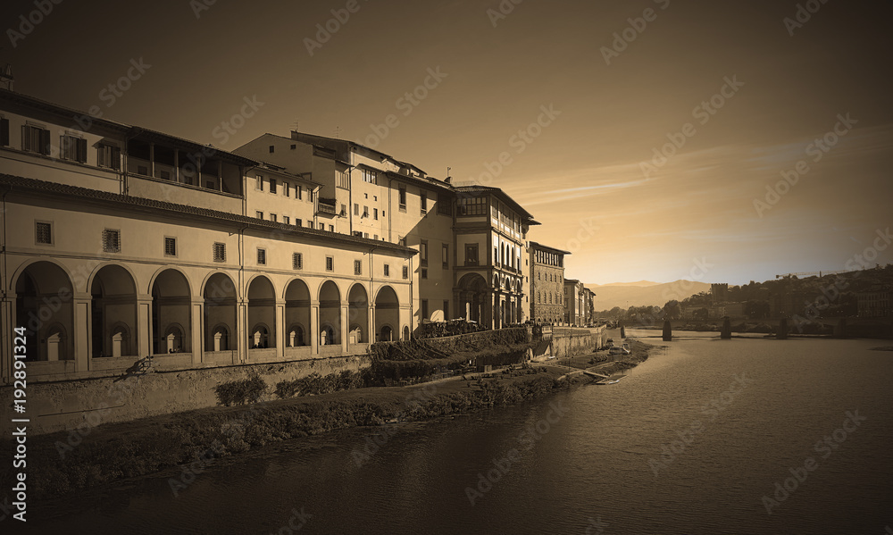Vintage and vignetted view of the Vasari Corridor from Ponte Vecchio, Florence, Italy
