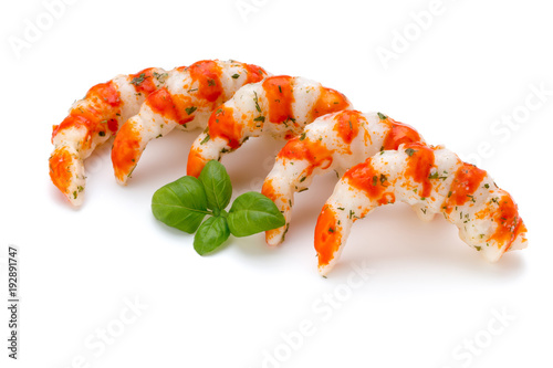 Cooked shrimps isolated on white background. photo