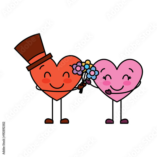 couple hearts love hoding bouquet flowers vector illustration