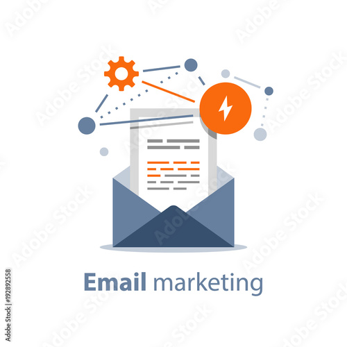 Newsletter concept, email marketing strategy, opened envelope, writing letter, summary news rss services