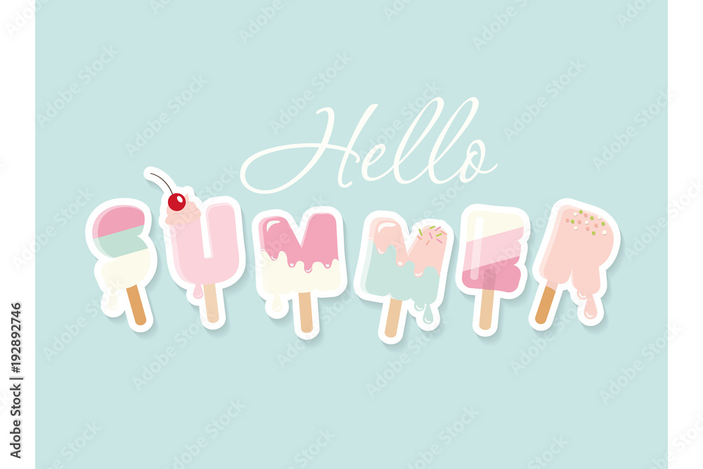 Hello summer. Cartoon ice cream letters. Cute design for posters, banners, advertising.