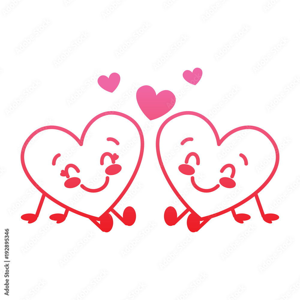 cute hearts couple sitting cartoon love relationship vector illustration degrade red line image