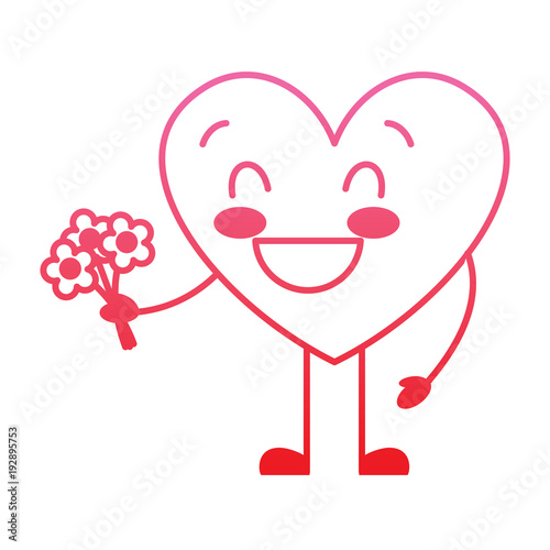 cute heart love holding bouquet flowers gift vector illustration degrade red line image photo