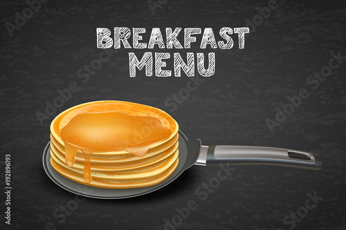 Tasty pancakes with honey or maple syrup on pan, vector realistic illustration. Design for breakfast dessert menu, cafe, restaurant. Morning recipe concept.