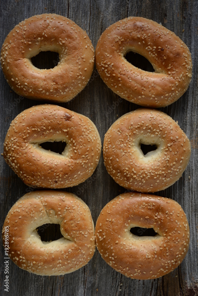 Freshly baked homemade bagels with  sesame seed and poppy seed 