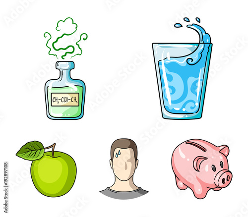 A glass of water, a bottle of alcohol, a sweating man, an apple. Diabeth set collection icons in cartoon style vector symbol stock illustration web.