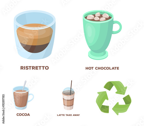 Ristretto, hot chocolate, latte take-away.Different types of coffee set collection icons in cartoon style vector symbol stock illustration web.