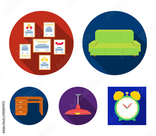 Comfortable sofa, letters and diplomas within the framework, an office ceiling lamp, a desk with drawers. Office Furniture set collection icons in flat style vector symbol stock illustration web.