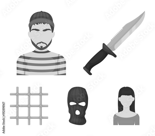 Knife, prisoner, mask on face, steel grille. Prison set collection icons in monochrome style vector symbol stock illustration web.