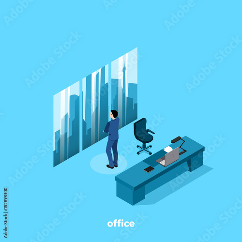 a man in a business suit is standing in his office by the window with a view of the city, an isometric image