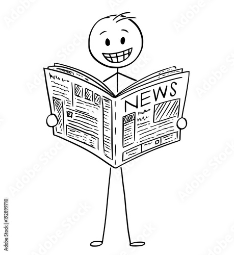 Cartoon stick man drawing conceptual illustration of smiling happy businessman reading good news in newspaper.