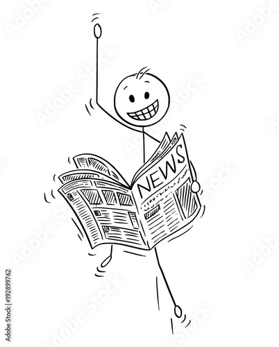 Cartoon stick man drawing conceptual illustration of happy celebrating businessman reading good or great news in newspaper.