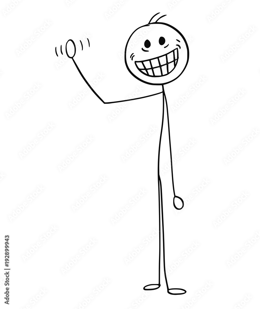 Cartoon stick man drawing illustration of man with crazy smile waving his  hand. Stock Vector | Adobe Stock