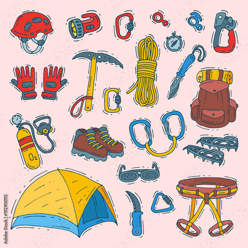 Climbing vector climbers equipment helmet carabiner and axe to climb in mountains illustration sot of mountaineering or alpinism tools for mountaineers isolated on background