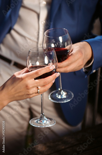 Close up portrait of a female and male couple hands toasting with glasses of red wine © ANR Production