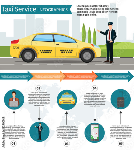 Taxi driver Call with smartphone service background the city flat style illustration skyscraper background