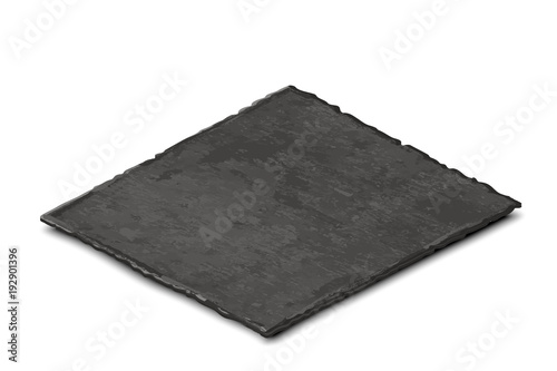 Vector realistic illustration of dark grey slate plate isolated on white background. Isometric view of black stone empty rectangular, square dish, food background.