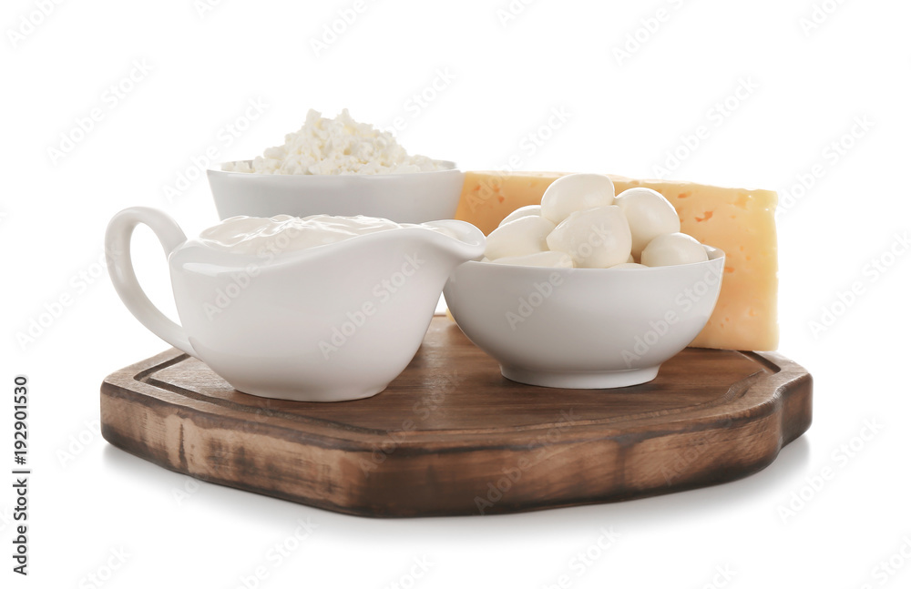 Different dairy products on white background Different dairy products on white background
