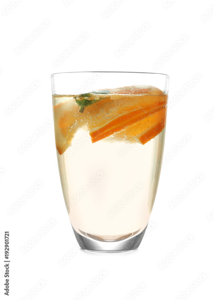 Glass of fresh orange lemonade on white background Glass of fresh orange lemonade on white background