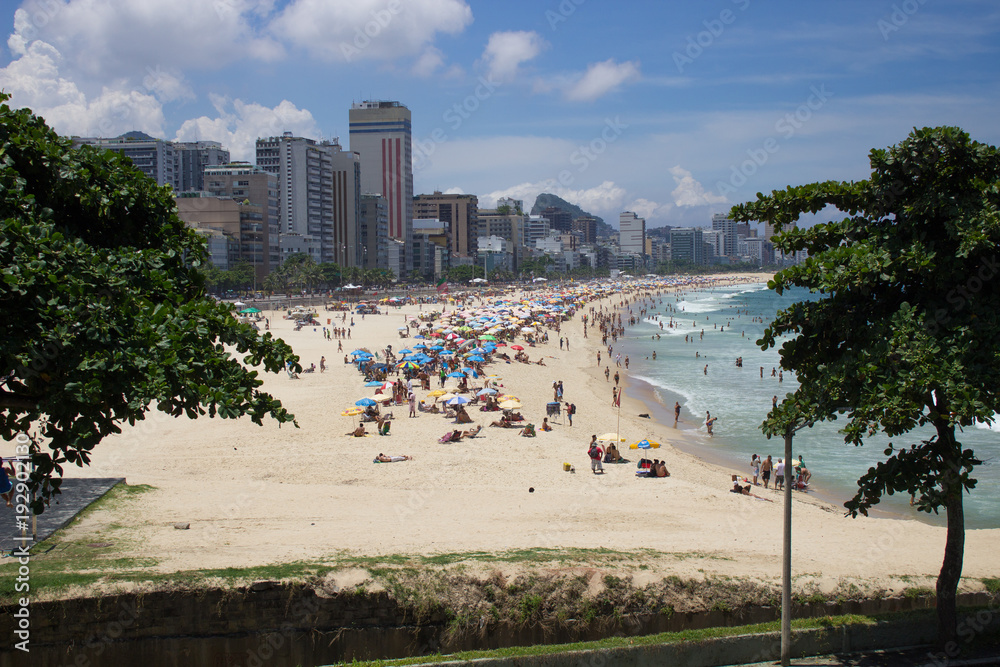 leblon beach shore in rio de janeiro, with trees in the foreground, seen from the hillside of the vidigal favela