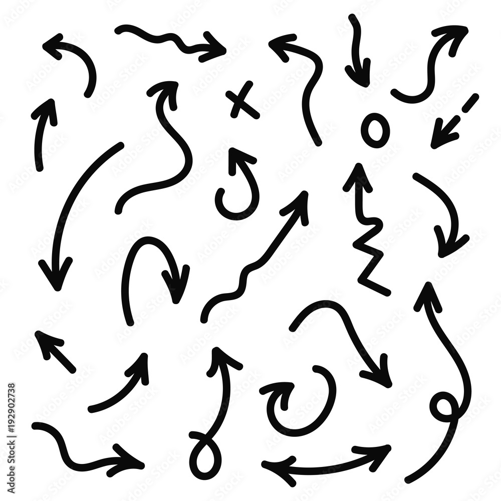 Vector hand drawn arrows set. Black sketch arrows in doodle style. Lines, circles, marks Vector hand drawn arrows set. Black sketch arrows in doodle style. Lines, circles, marks