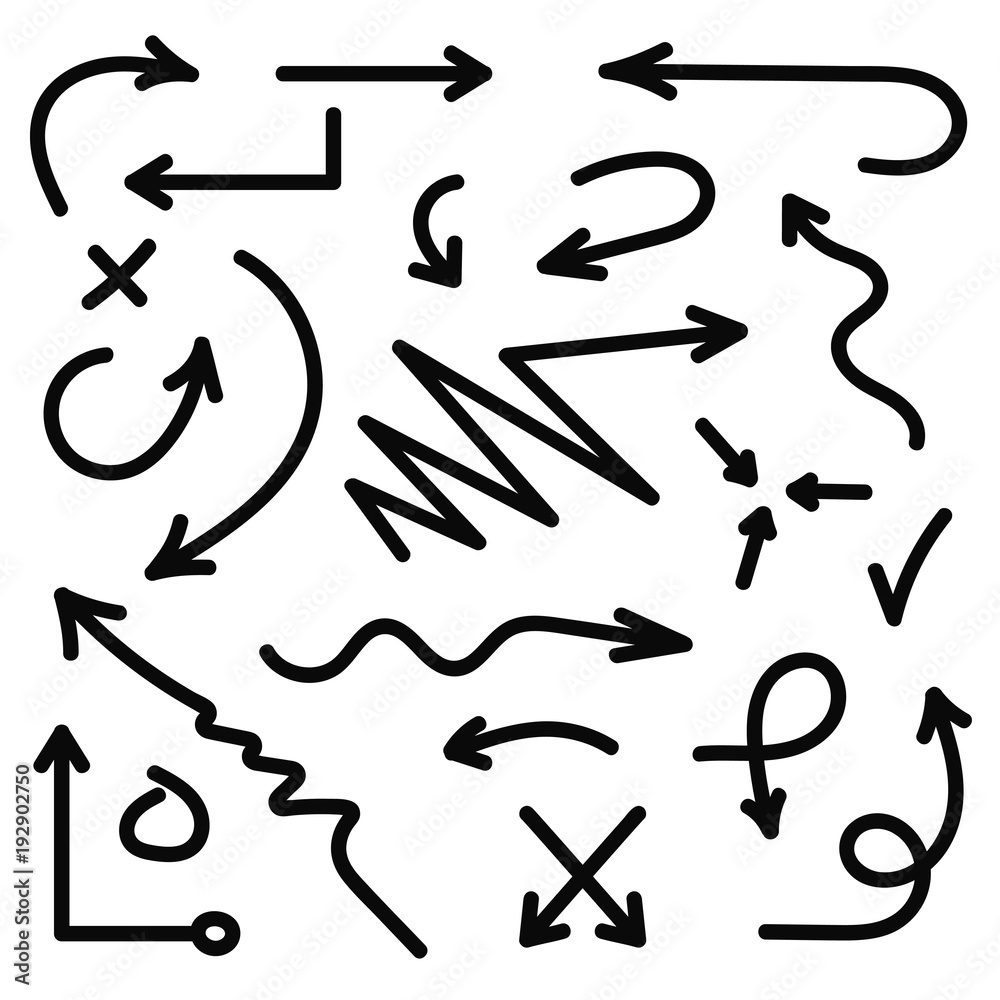 Vector hand drawn arrows set. Black sketch arrows in doodle style. Lines, circles, marks Vector hand drawn arrows set. Black sketch arrows in doodle style. Lines, circles, marks