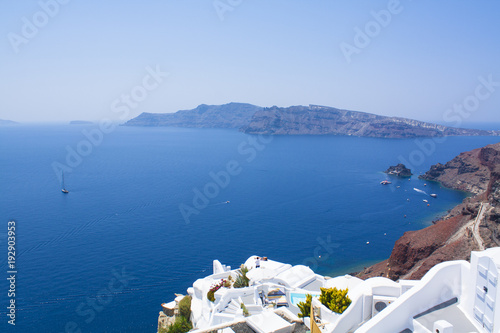 Santorini Island, Greece, Beautiful View of Blue sea and Traditional Dome Church Architecture