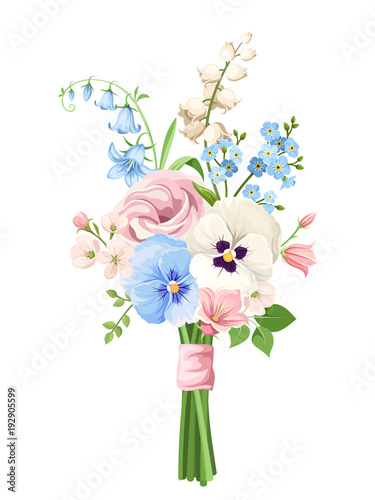 Vector bouquet of pink, blue and white spring flowers isolated on a white background.