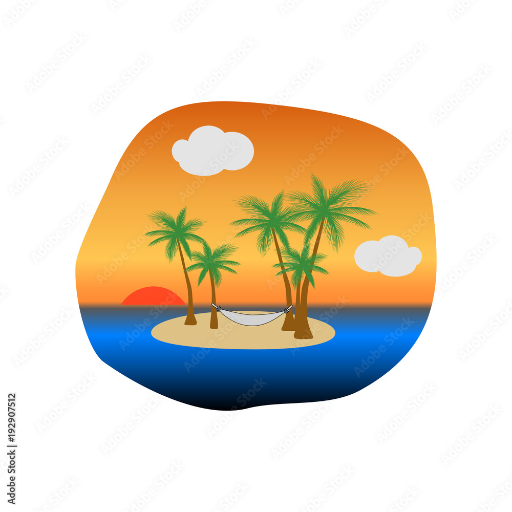 Sunset on tropical island with palm trees and a hammock hanging in the trees, vector