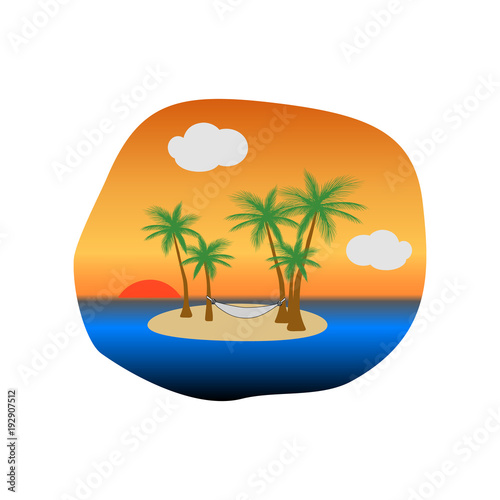 Sunset on tropical island with palm trees and a hammock hanging in the trees  vector