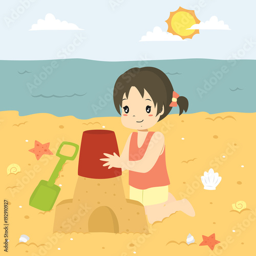 Happy girl making a sand castle on the beach. Beach holiday cartoon vector 