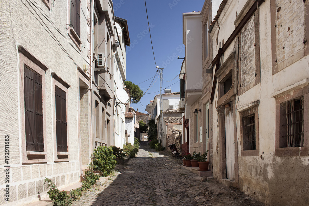 View of historical, old street in old town of Cunda (Alibey) isl