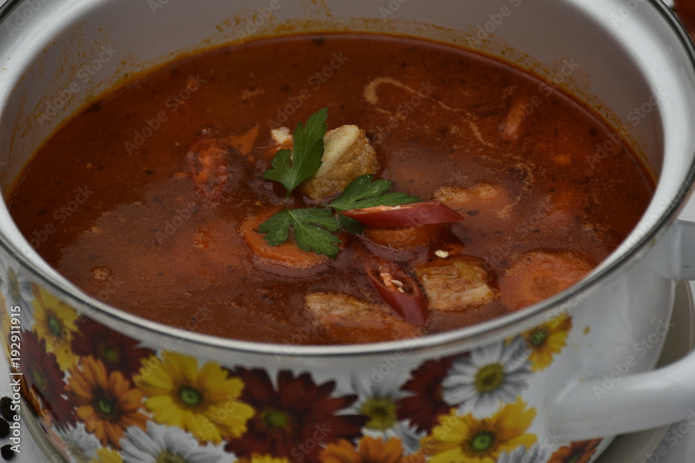 Hungarian goulash cooked in the pot