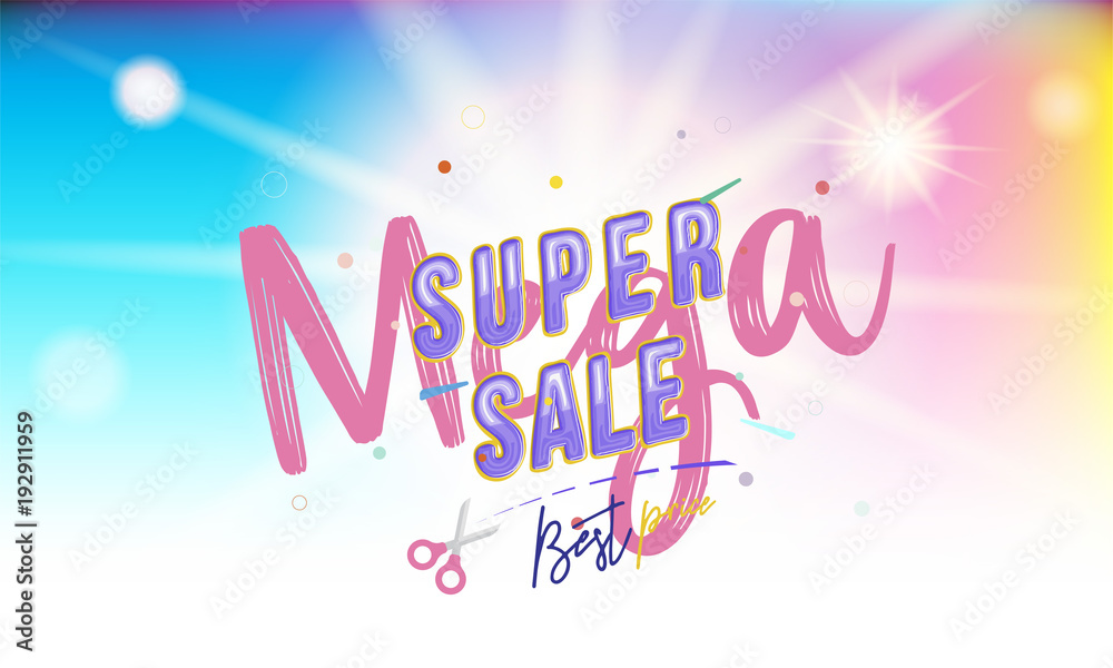 Super Mega Sale Banner with font combination on the colour background with blur and light effects. Flat vector illustration EPS 10
