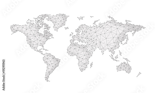Blockchain technology network polygon world map isolated on white background. Network, fintech business, e-commerce, bitcoin trading and global cryptocurrency blockchain business banner concept vector