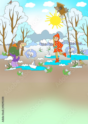 Fototapeta Naklejka Na Ścianę i Meble -  Children's illustration - spring day. Early spring, snowdrop, puddle. The boy lets boats, girl jumping in puddles. Country Landscape