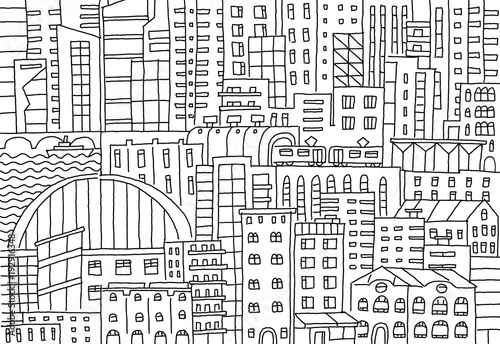 Big city background texture skyscraper sketch buildings line skeleton strokes Modern architecture landscape. Hand drawn vector stock illustration.