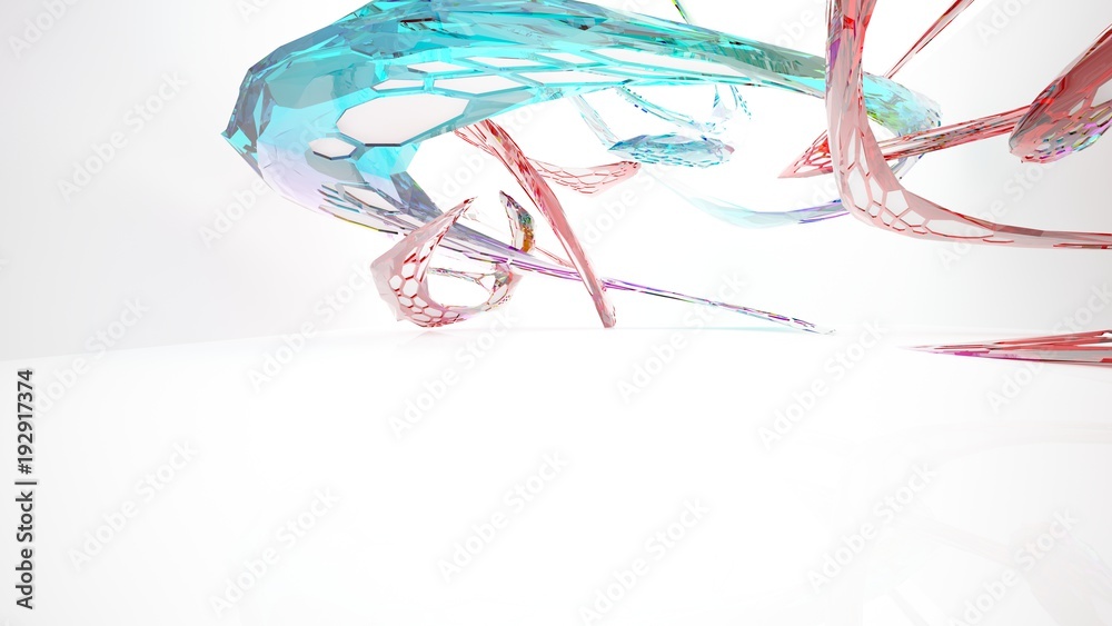 Fototapeta premium Abstract white and colored gradient glasses parametric interior with window. 3D illustration and rendering.