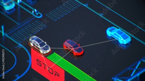 autonome transportation system concept, smart city, Internet of things, vehicle to vehicle, vehicle to infrastructure, vehicle to pedestrian, abstract image visual 4k 3d animation