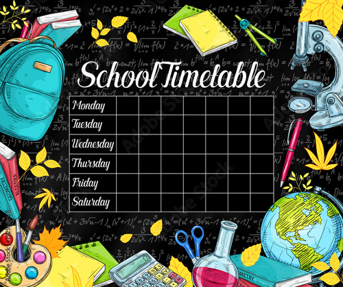 School vector timetable on black chalkboard