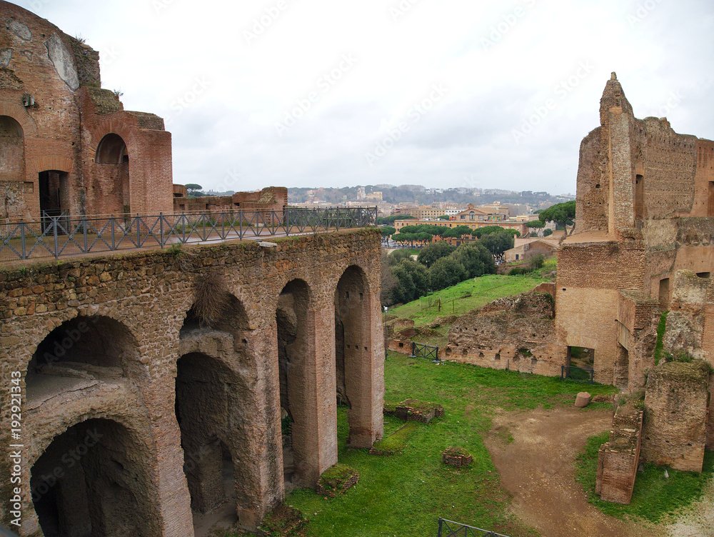 View of the Baths of Septimius Severianus in rainy weather. Rome, Italy