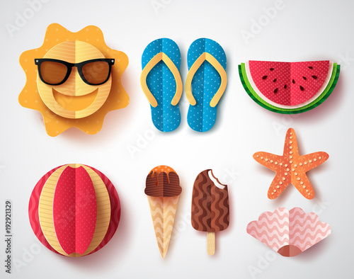 Summer vector elements set with paper cut flat folding style of sun, flipflops icecream, watermelon and starfish isolated in white background. Vector illustration.
