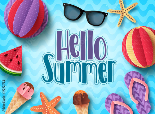 Hello summer vector banner design with beach elements floating in blue pattern background. Summer background templates with paper cut style elements.
