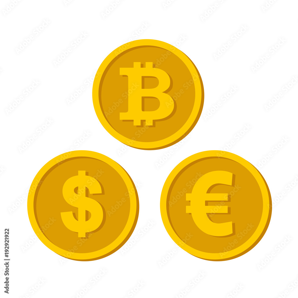 A set of icons of coins on the isolated white background. Bank notes dollar, Bank notes euro, , bitcoin. Symbols of currencies in flat style. Vector illustration. A set of icons of coins on the isolated white background. Bank notes dollar, Bank notes euro, , bitcoin. Symbols of currencies in flat style. Vector illustration.