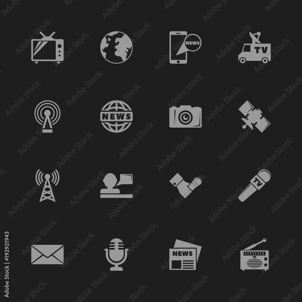 News icons - Gray symbol on black background. Simple illustration. Flat Vector Icon. News icons - Gray symbol on black background. Simple illustration. Flat Vector Icon.