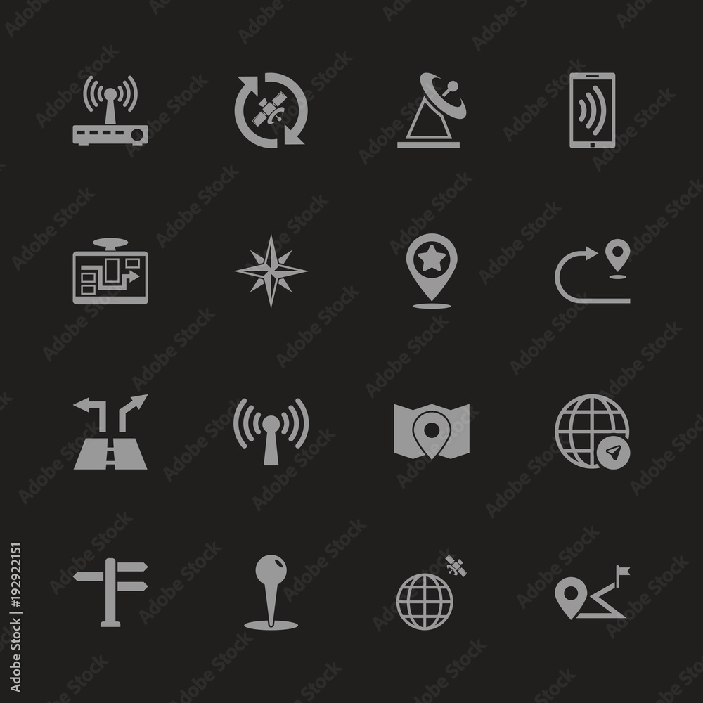 Satelite Navigation icons - Gray symbol on black background. Simple illustration. Flat Vector Icon.